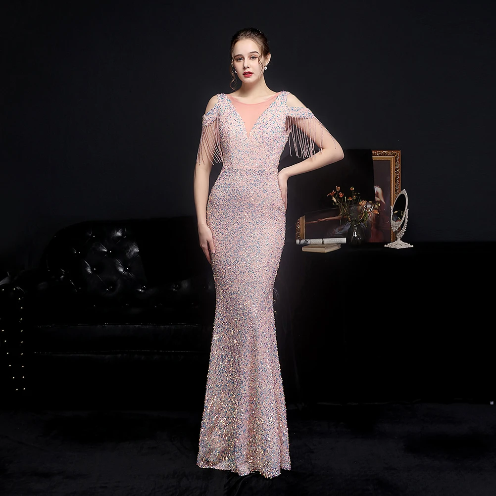 DEERVEADO Mermaid Off Shoulder Sequins Evening Dress for Woman Elegant Wedding Party Dresses Beading Special Occasion Dresses