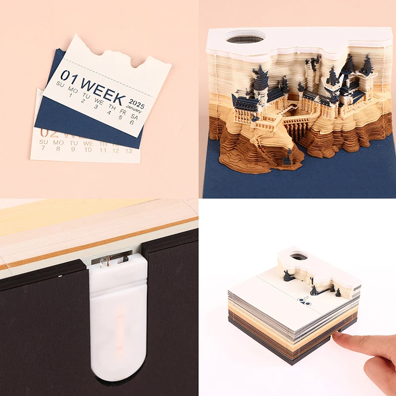 Time Piece Calendar 2026 Desk Calendar With LED Light 3D Tear-away Calendar Paper Carving Art Memo Pad Notepad Gift Christmas