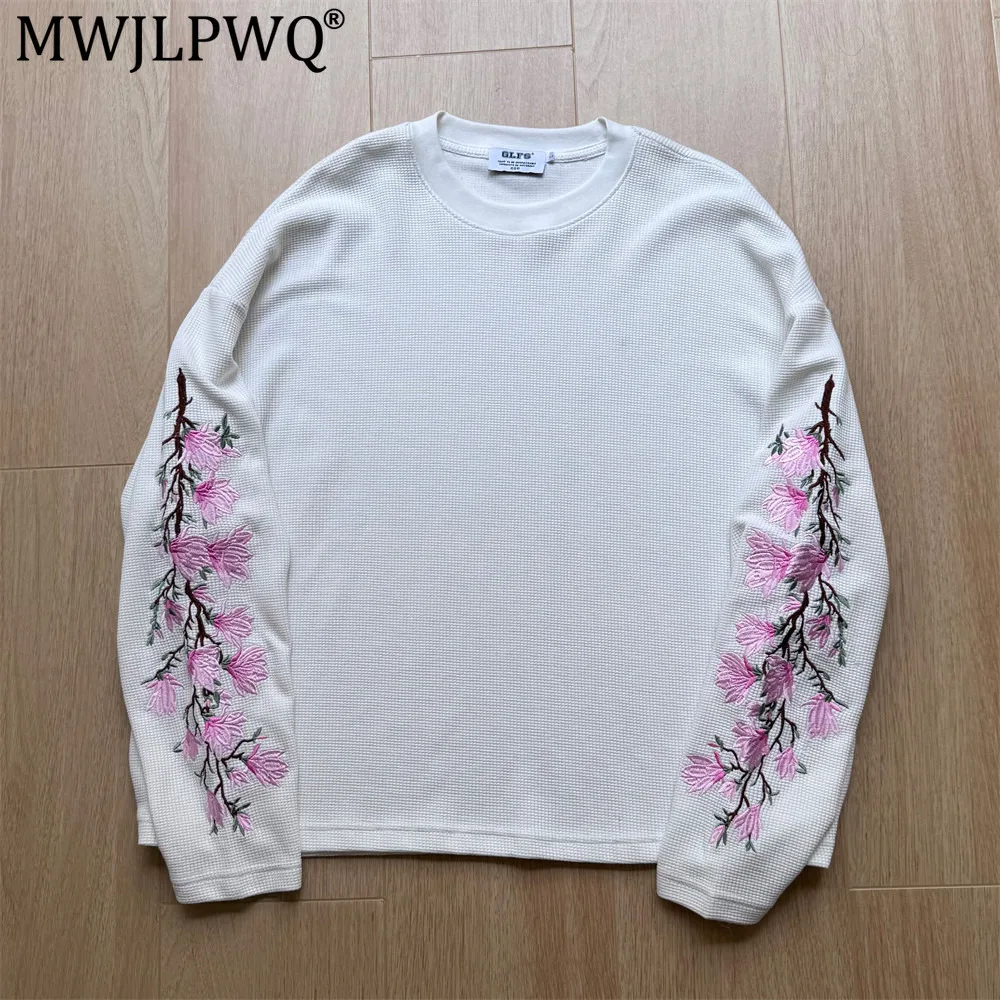 MWJLPWQ Floral Embroidery Heavy-Duty Loose Long-Sleeve T-Shirt For Men High-Street Fashion Ins Style Spring Autumn Tops 20640