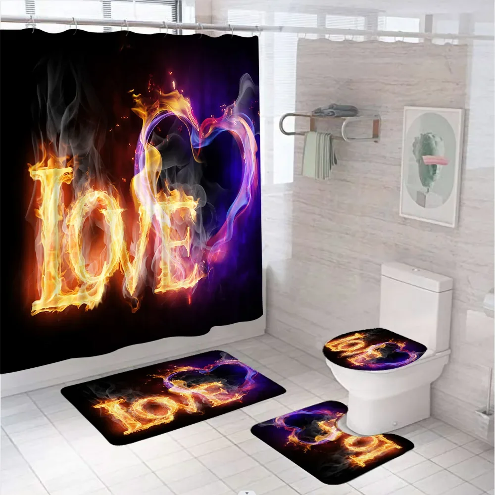 Love Flame Heart Shower Curtain Sets Valentine's Day Wedding Bathroom Curtains Home Decor Non-Slip Bath Mat Rug Toilet Lid Cover