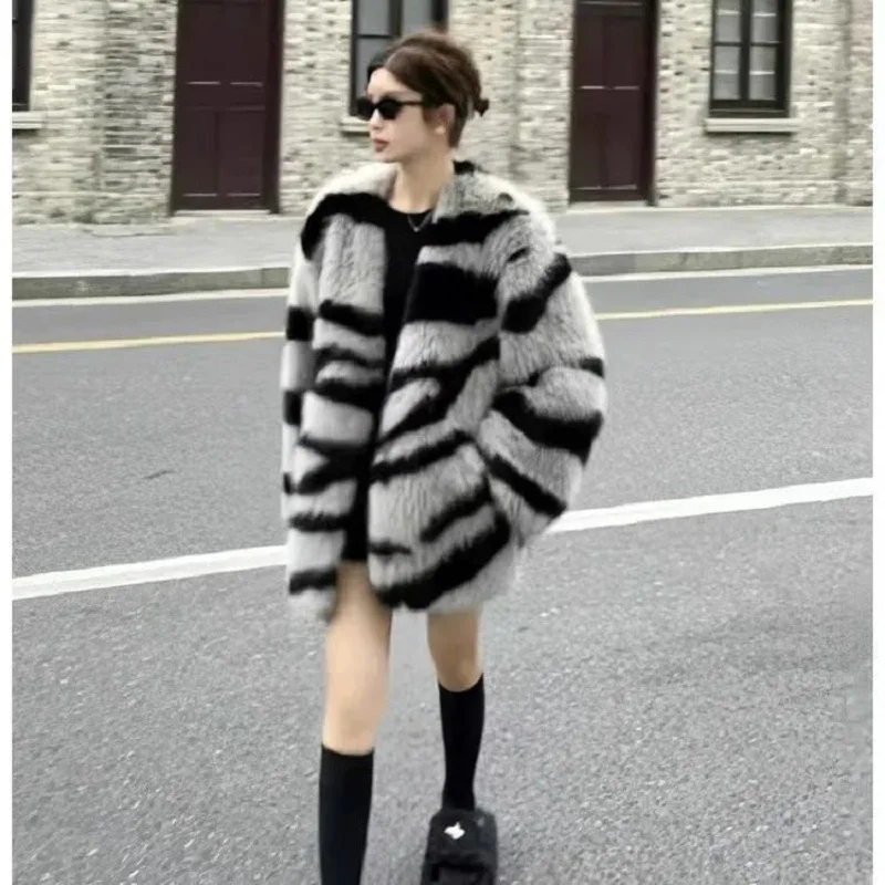 Zebra Pattern Faux Fur Fur Coat Womens 2023 New Loose Thick Imitate Fur Coat Fashion All-match Winter Jacket Female Outerwear