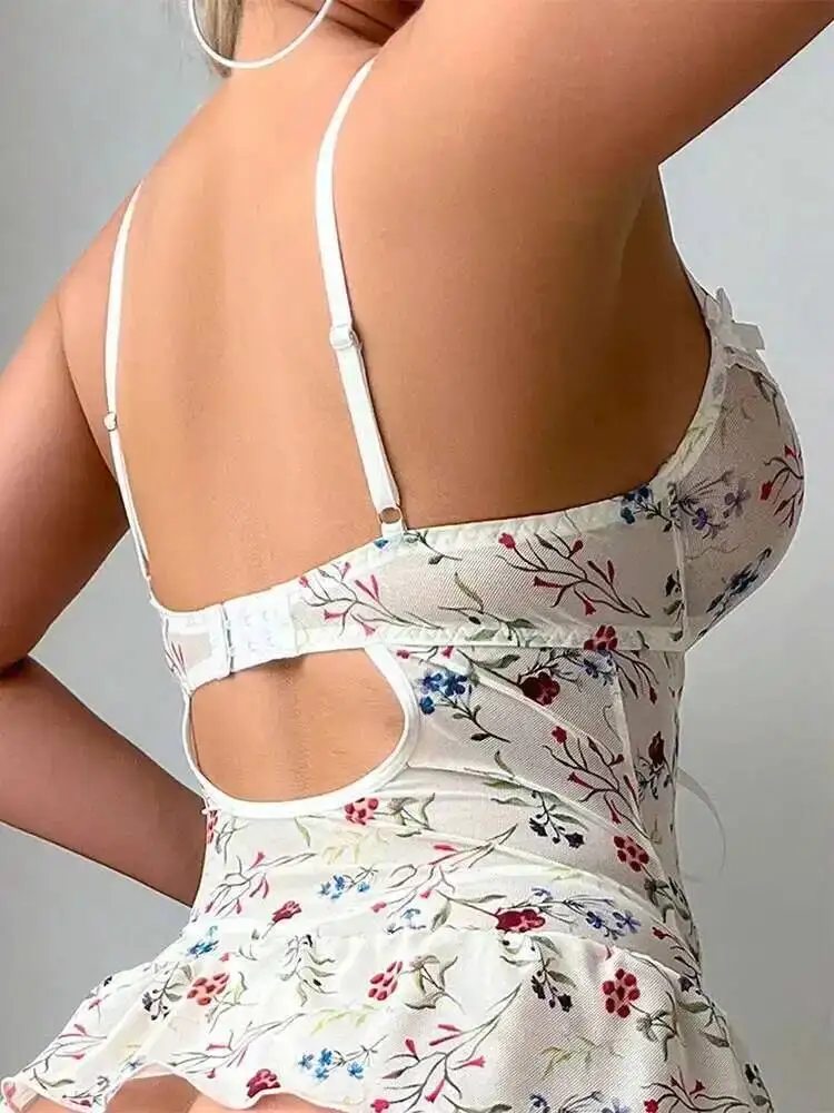 New Sexy Lace Mesh Flower Embroidery Dress Backless Deep V Suspenders Sleeveless Dress Elegant  Charming Pure Desire Sweet 87VZ