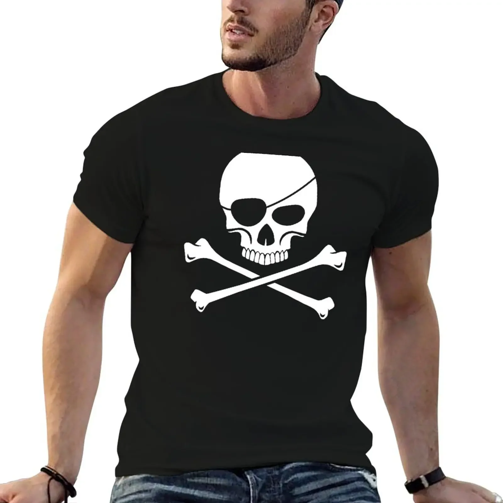 SKULL & CROSSBONES with Eye Patch T-Shirt sweat korean fashion vintage clothes mens t shirts top quality