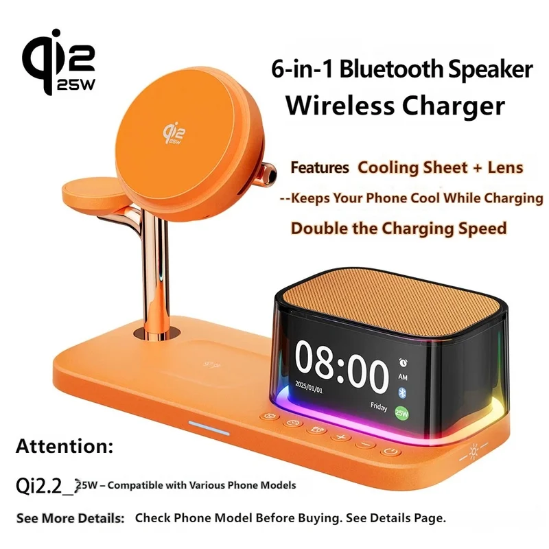 6 in 1 Qi2.2 Magnetic Wireless Charger 25W Fast Charging Station with Cooling for iPhone 17 16 15 Watch AirPods Speaker Stand