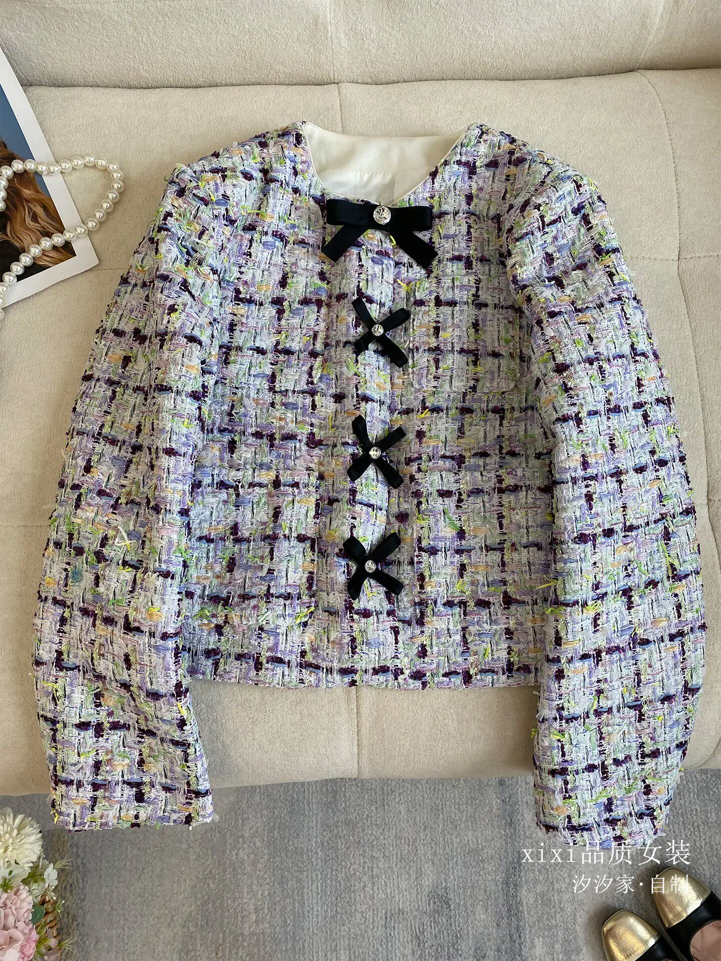 New Coarse plaid coat, high-end heiress temperament, socialite woven bow short top