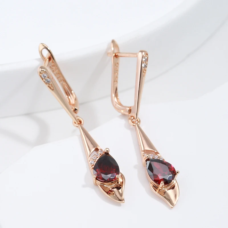 SYOUJYO Red Water Drop Natural Zircon Long Dangle Earrings For Women 585 Rose Golden Elegant Bride Wedding Fine Jewelry