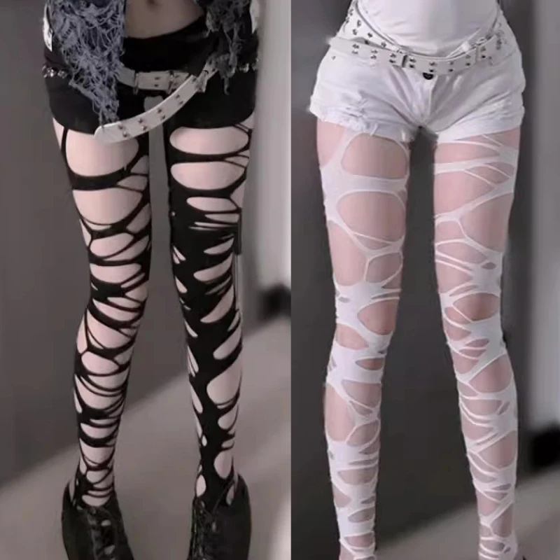 Y2K Sexy Perforated Stocking for Women Halloween Gothic Black Punk Torn Strap Rag Pantyhose Hosiery Party Thigh High Long Socks