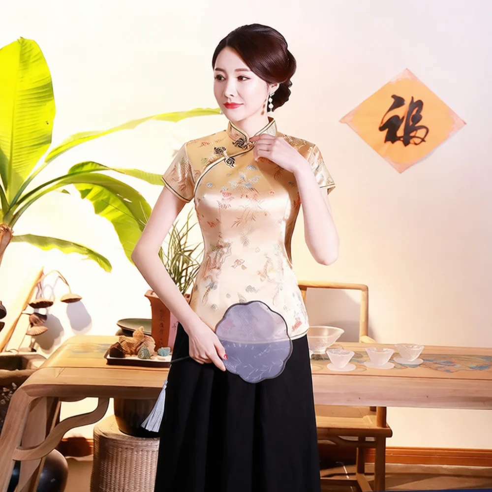Womens Retro Cheongsam Top Elegant Chinese Style Brocade Blouse Slim Fit Floral Tang Suit Summer Formal Stage Apparel