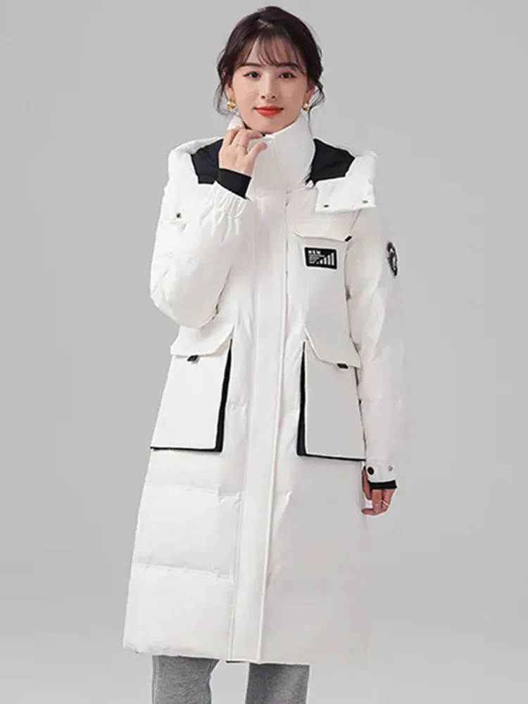 

Winter Warmer Long Hooded Snow Parka Mid Length White Down Duck Jakcet For Women Thicken Pocket Loose Outerwear Parka