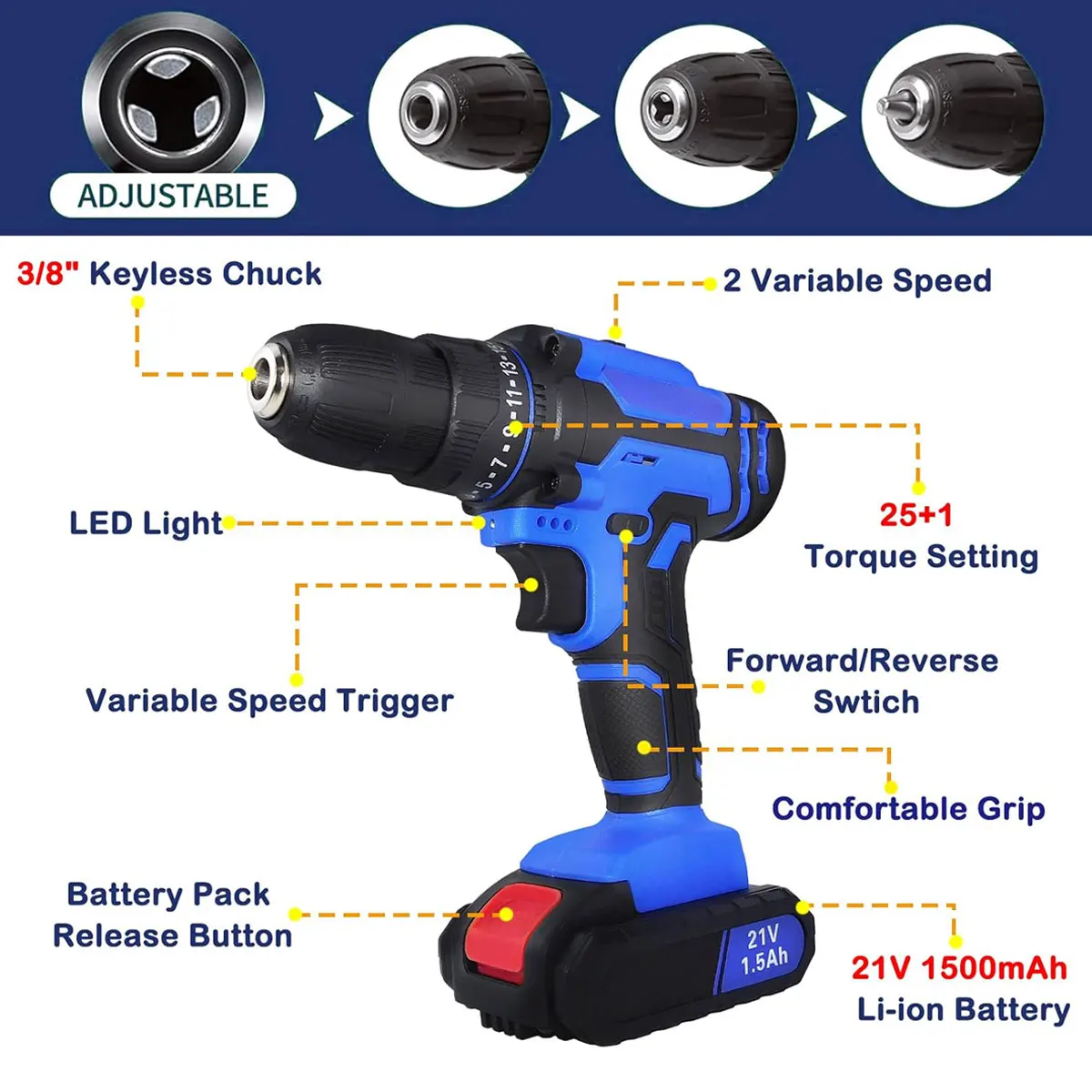 21V Cordless Drill Set, Cordless Drill Bit Drive Set, Electric Drill Set with 3/8" Keyless Chuck, with Work Light, Max Torque 45