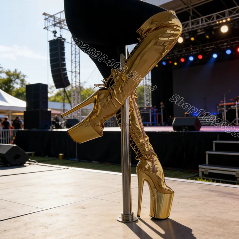 Gold Peep Toe Performance Sexy Boots Cross Band Platform Fashion British Style Design for Women Dance Boots Zapatos Para Mujere