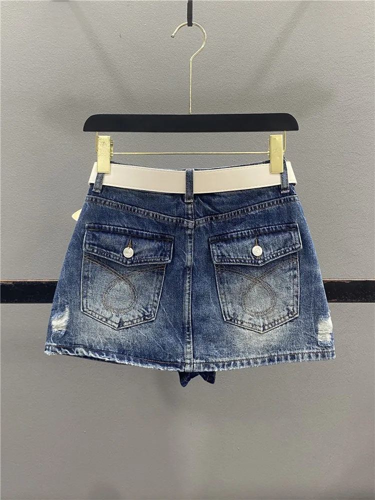

Retro American Hole Denim A-Line Skirt Women Summer Versatile Slimming Sexy Short Skirt Casual Cotton Polyester Blend