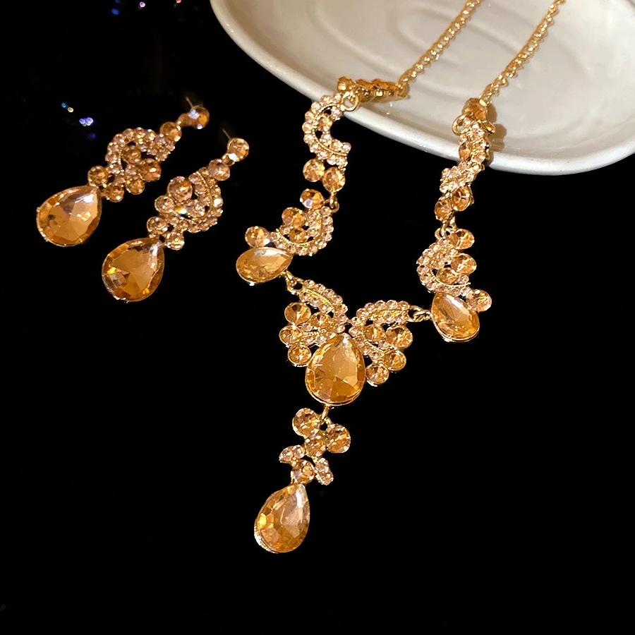 2 Pcs Champagne Droplet Rhinestones Pendant Necklaces Geometric C-shaped Ear Drops Charms Jewelry Sets for Party Wedding A1