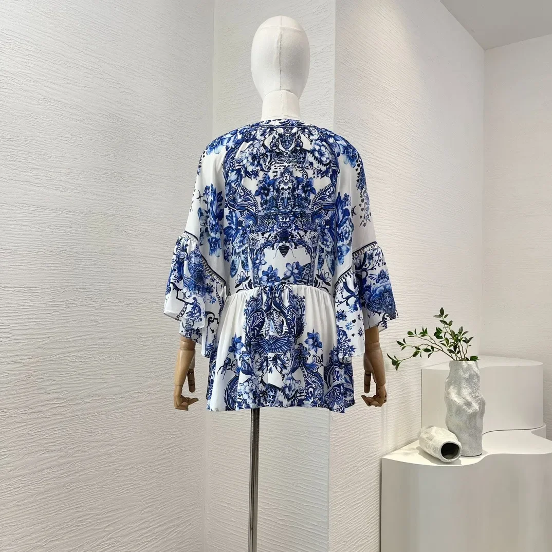 2024 Silk Blue White Porcelain Print Vintage Collection Long Diamonds Pressed V-Neck Loose Blouse High Quality Tops