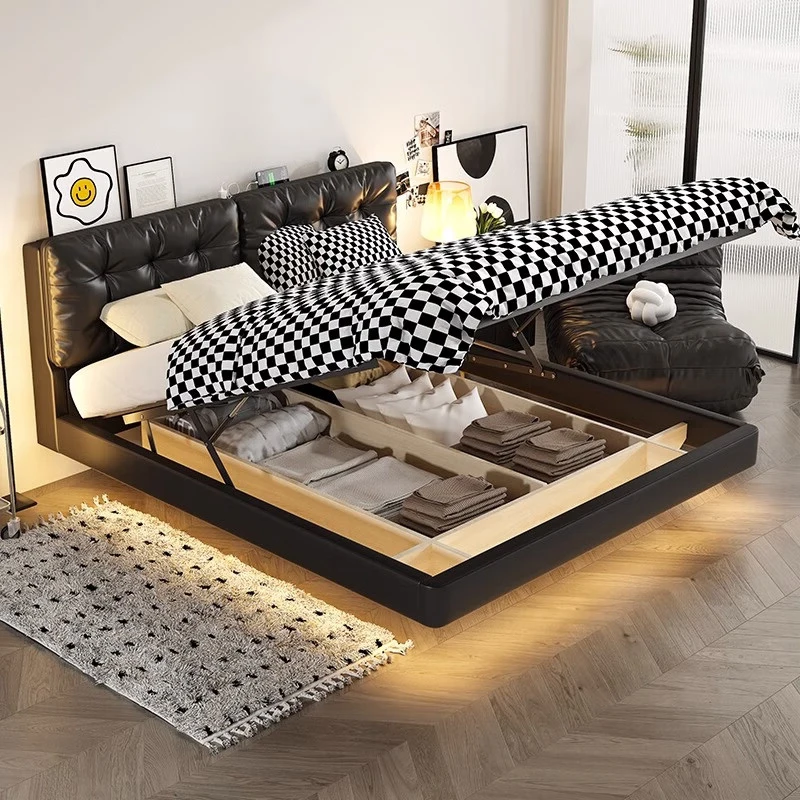 

Minimalist storage bed Master bedroom black leather bed Simple leather flush edge wedding Light