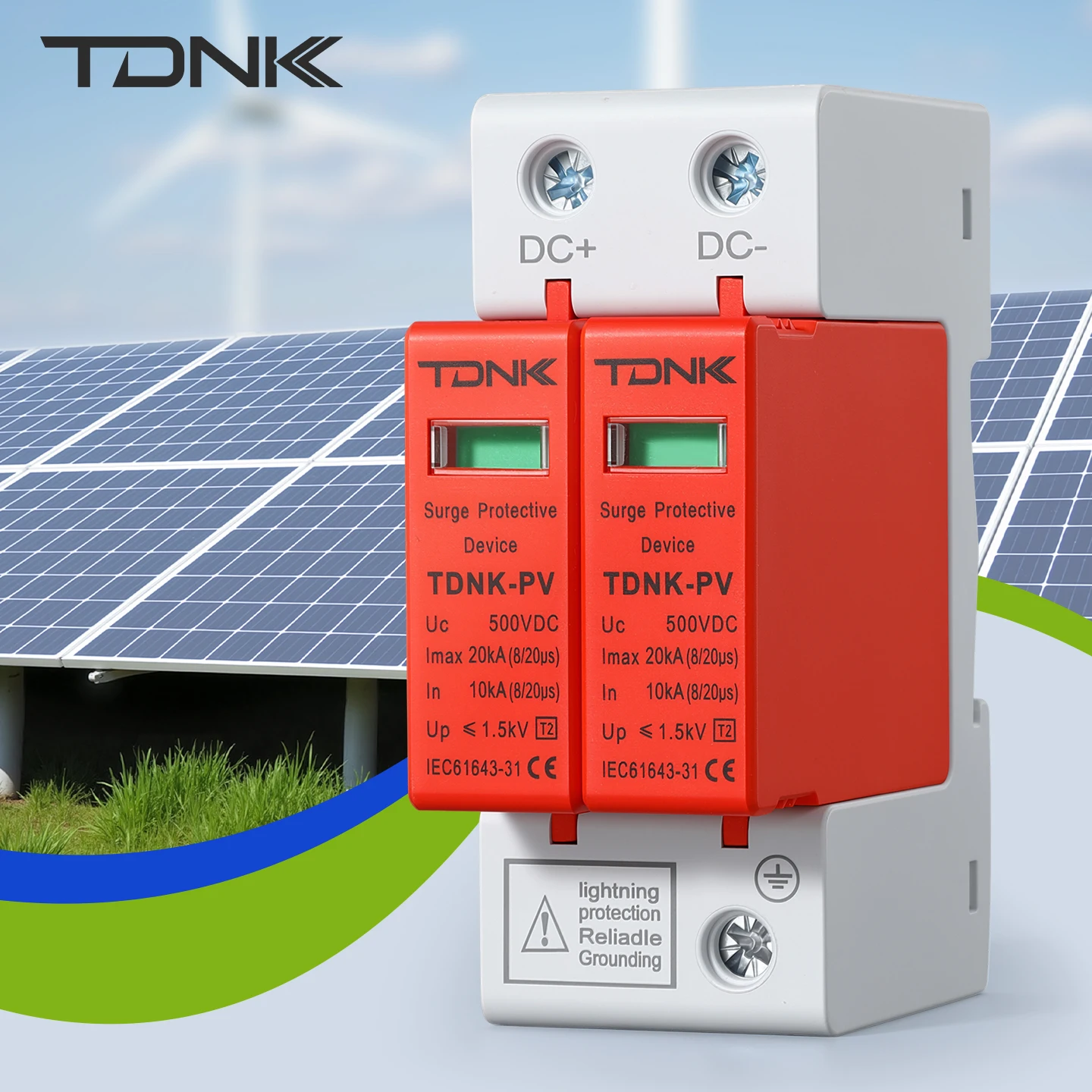 TDNK-PV DC SPD Surge Protection Device 2P 20KA 40KA 500V 600V 800V 1000V  for Solar PV Panel Lightning Protection