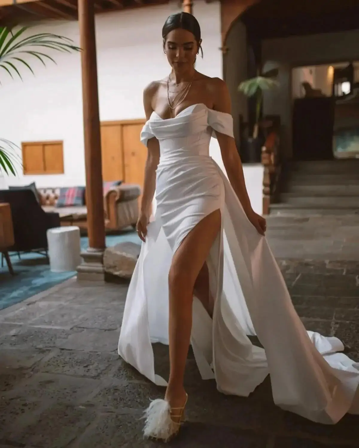 

RODDRSYA Elegant Wedding Dress White 2024 Off The Shoulder Sheath Pleat High Split Soft Satin Bridal Gowns Detachable Train