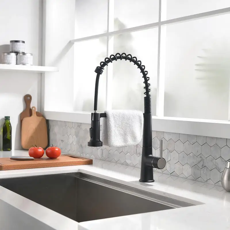 

Modern Black Pull Down Kitchen Faucet with Sprayer, Commercial Style Kitchen Sink Faucet with Spring Design