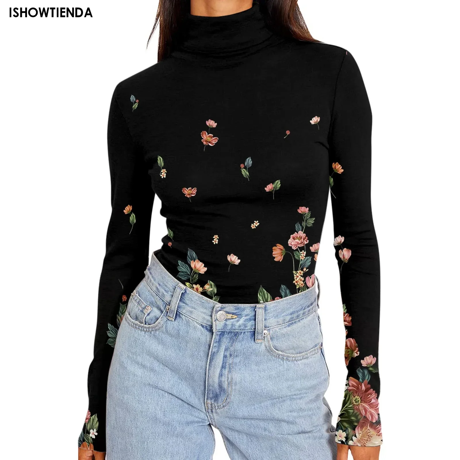 Kadın balıkçı yaka uzun kollu gömlek baskılı güz moda temel Slim Fit yumuşak termal kadın kış kazak Traf Tops 2024