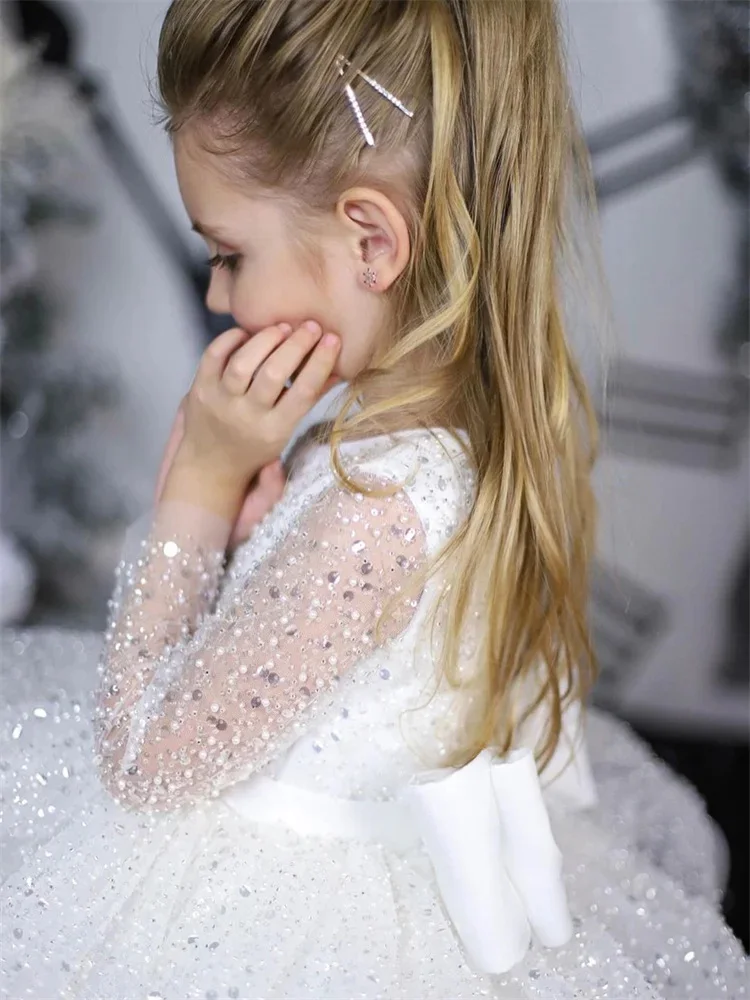 Sparkling Flower Girl Dress For Wedding Tulle Puffy Sequins Princess Kids Birthday Party First Communion Ball Gowns Customized