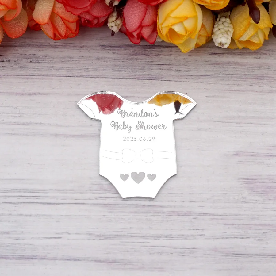 

20pcs Custom Baby Shirt Shape Tags Personalized Acrylic Mirror Thank You Plate Children Birthday Party Guest Favors Gifts