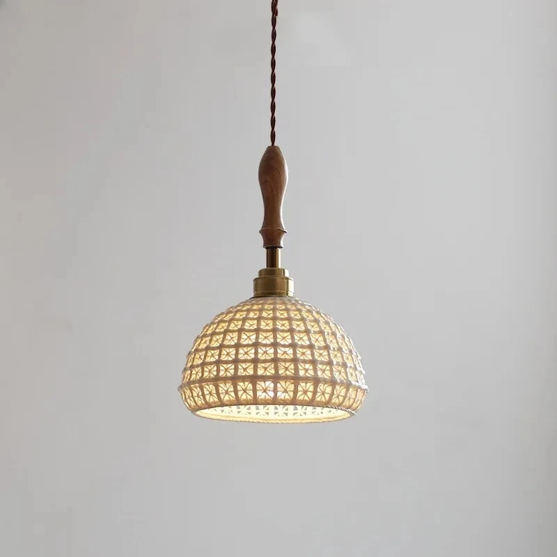 Japanese Style Ceramic LED Pendant Lights Fixtures Vintage Ash Wood Handle Beside Bedroom Dining Living Room Light Hanglamp