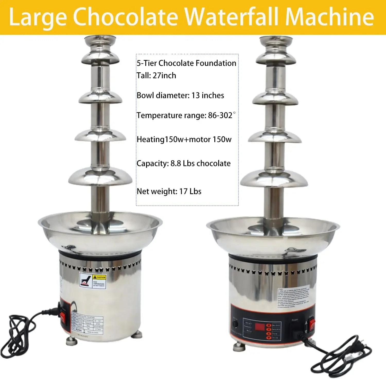 Fountain 110V Electric 5-Tiers Digital Chocolate Fountain Melting Machine Heating Fondue Fountain,12kg of chocolate