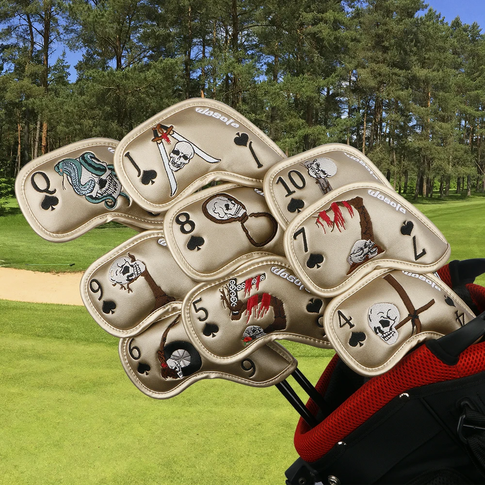 New Arrival PU Leather Cool Fashion Design Gold Color Embroidery Golf Iron Headcover 9 Pcs/Set Golf  Club Headcover