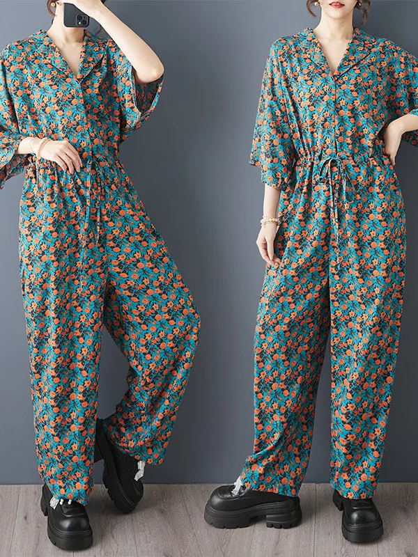 Casual Floral Print One-Piece Wide Leg Pants Loose Waist High Waist Polyester Summer New Arrival Women's Casual Pants