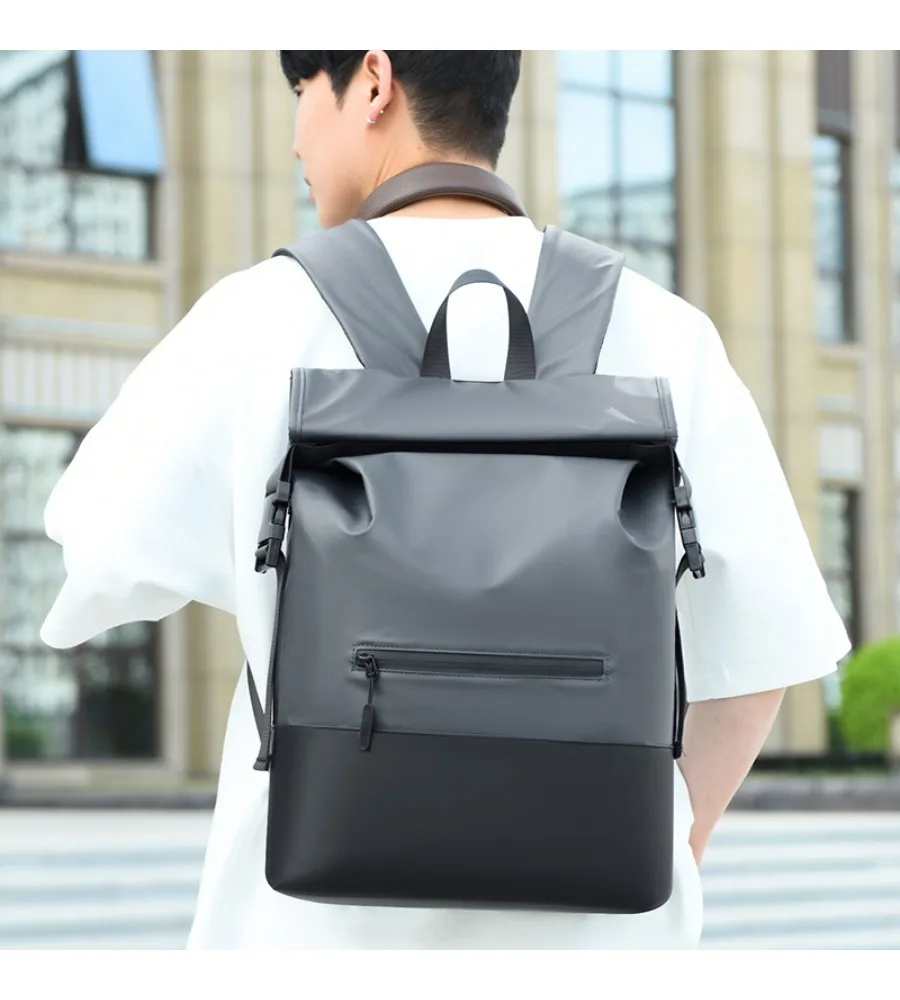 Black And Gray Roll Top Laptop Backpack 15.6 Inch Notebook Bag Oxford Cloth Water Resistant Business Rucksack