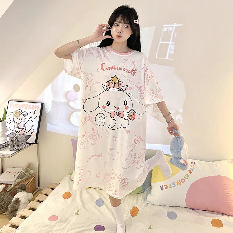 

Sanrio Cinnamoroll Pochacco Cute Summer Short Sleeves Dress Cartoon Kuromi Kitty Nightdress Anime Girls Casual Loose Homewear