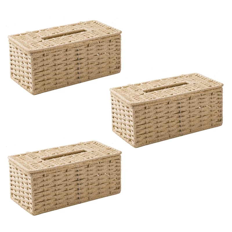 

3X Rattan Tissue Box, Vintage Napkin Holder, Case Clutter Storage Container Cover, Living Room Desk Decoration (Beige)