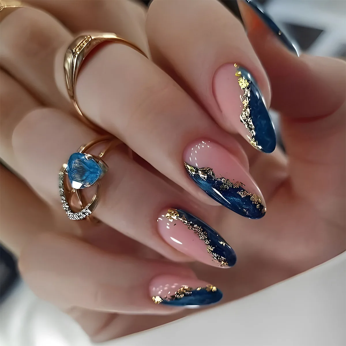 

Blue Almond False Nails Set with Gloden Stripes Designs Detachable Finished Nails Press On Nails Gradient Blue French Tip Nails
