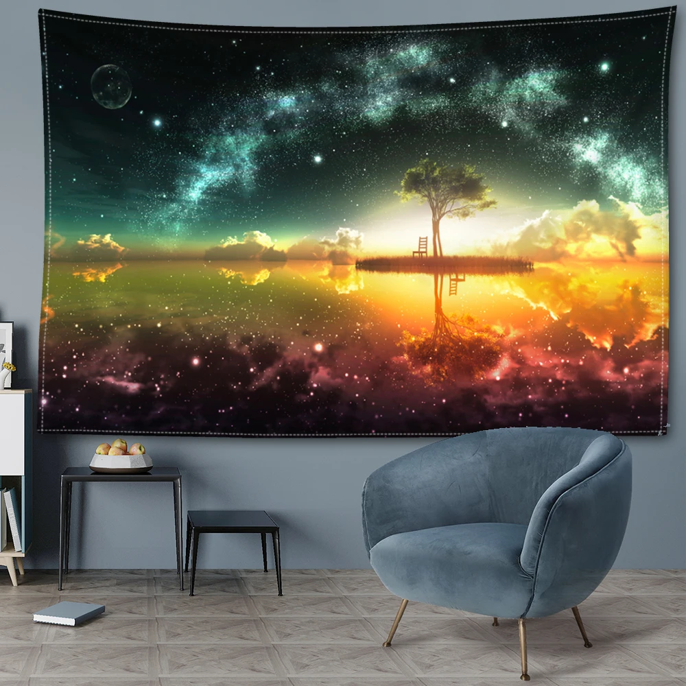Colorful cloud sea island tree print tapestry, vintage Bohemian style room, mural, wall decoration