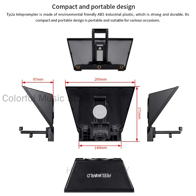 Teleprompter ขนาด 8 นิ้วแบบพกพารองรับสมาร์ทโฟน/การถ่ายภาพ DSLR ได้ถึง 8 นิ้วพร้อมวงแหวนอะแดปเตอร์เลนส์ควบคุม Bluetooth FEELWORLD TP2