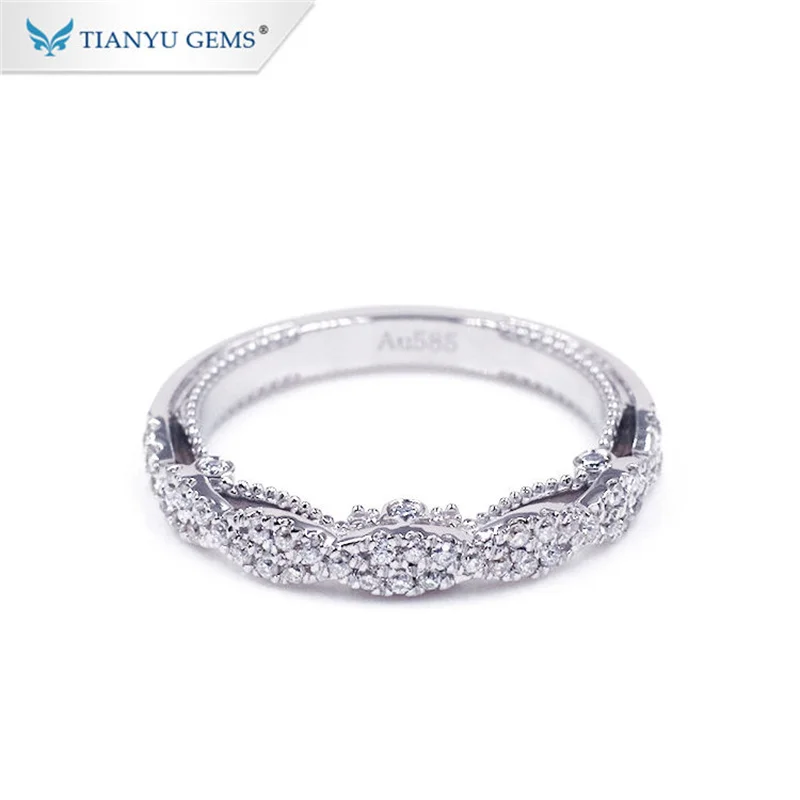 Tianyu Gems Colorless D VVS Moissanite Pattern Wedding Band Round Diamond 14K 18K Gold Cross Milgrain Eternity Ring Fine Jewelry