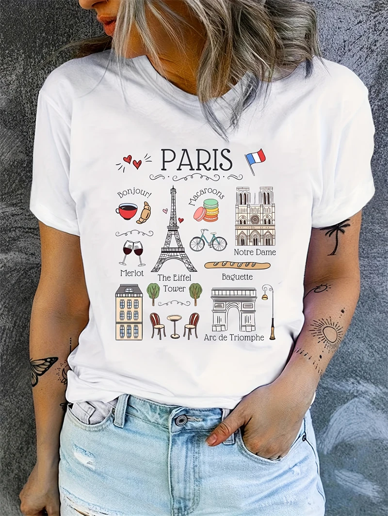 T-shirt Casual da donna con stampa della torre Eiffel di parigi-Top Activewear a maniche corte