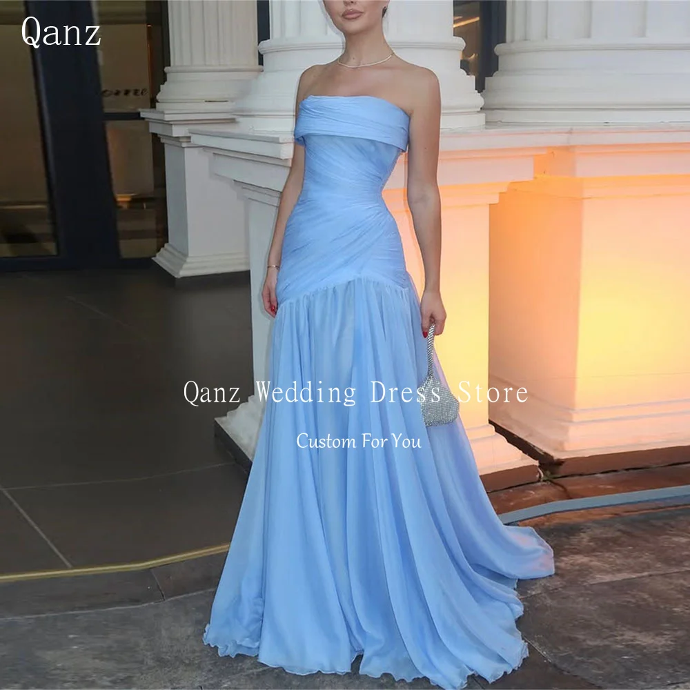 

Qanz Formal Blue Evening Dresses Saudi Arabia Chiffon Long A Line Pleat Robes De Soirée Strapless Vestidos De Fiesta Customized
