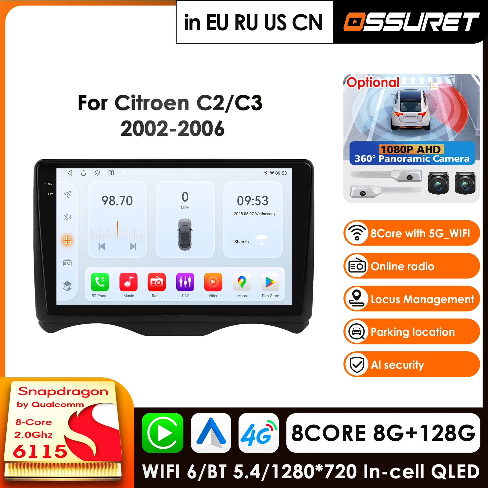 OSSURET Intelligent Screen Carplay 4G 2Din Android 14 Car Radio for Citroen C2 2002-2006 Citroen C3 Multimedia Video Player WIFI