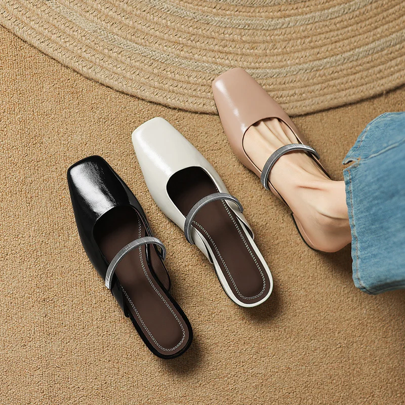 2026 new summer women sandals natural leather plus size 22-25.5cm sheepskin square-toe buckle mules low heel women slippers