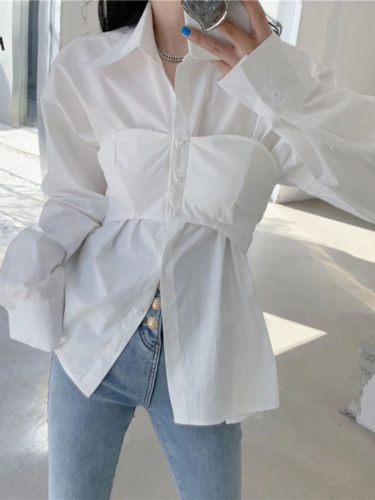 

Jmprs Korean Women Elegant White Shirt Fashion Design Sexy Slim Blouse Autumn Casual Long Sleeve All Match Office Ladies Tops