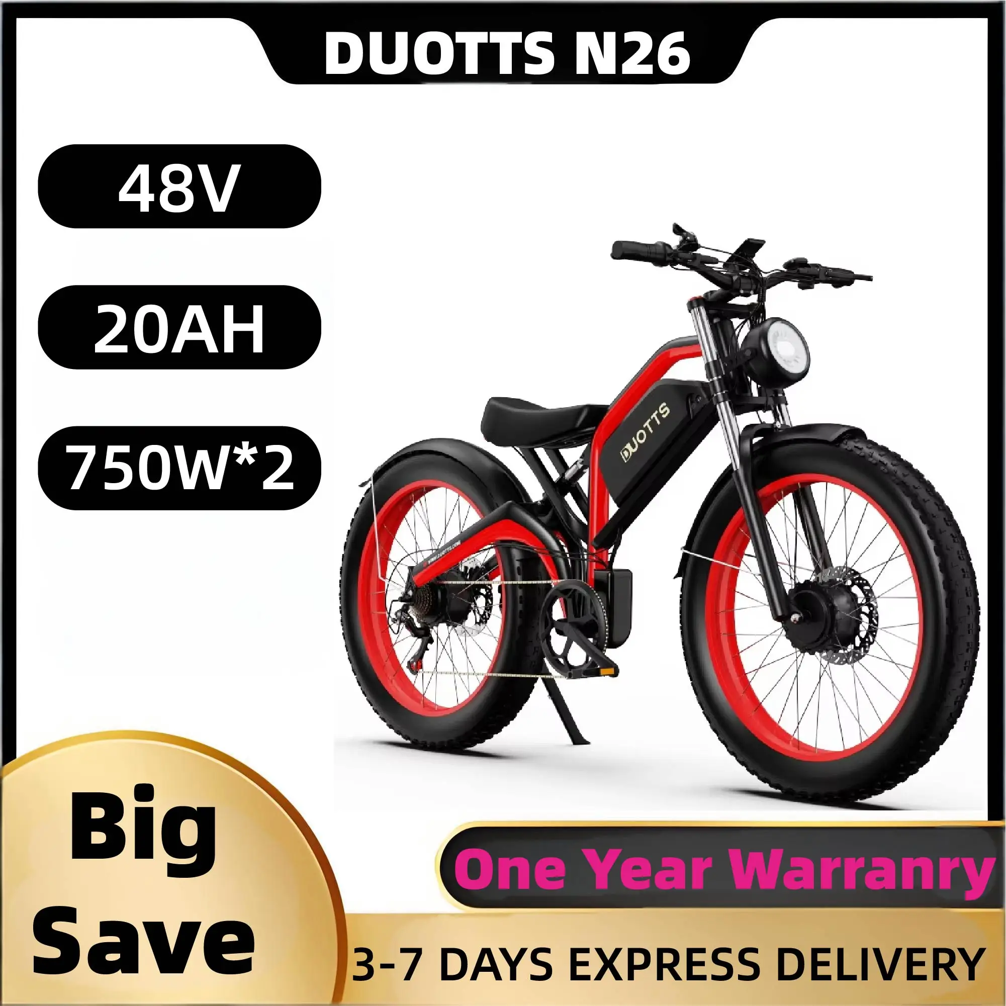 

DUOTTS N26 Adult E-bike 750W*2 E-Mountain bike 48V20AH 26*4.0 inch Fat Tire Off Road Electric Bike