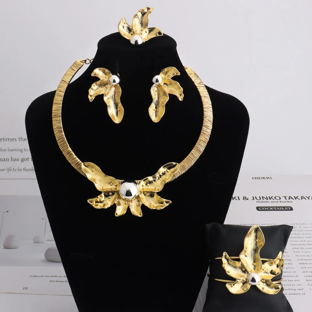 

Luxury Gold Plated Bud Necklace Earrings Ring Bracelet Jewelry Set Nigeria Dubai Gold Jewelry Set Women's Wedding Party