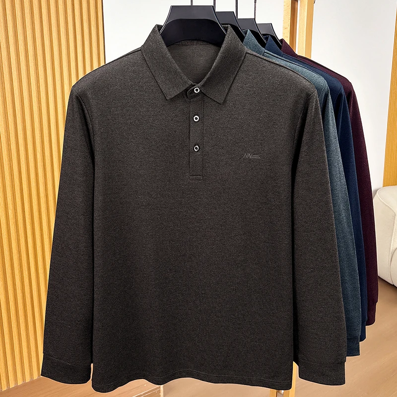 Klassisches Herren-Poloshirt für den Herbst in Unifarbe, aus Baumwolle, weich, langärmelig, mit Kragen, bequemes Freizeit-T-Shirt für Herren. – Detail 3