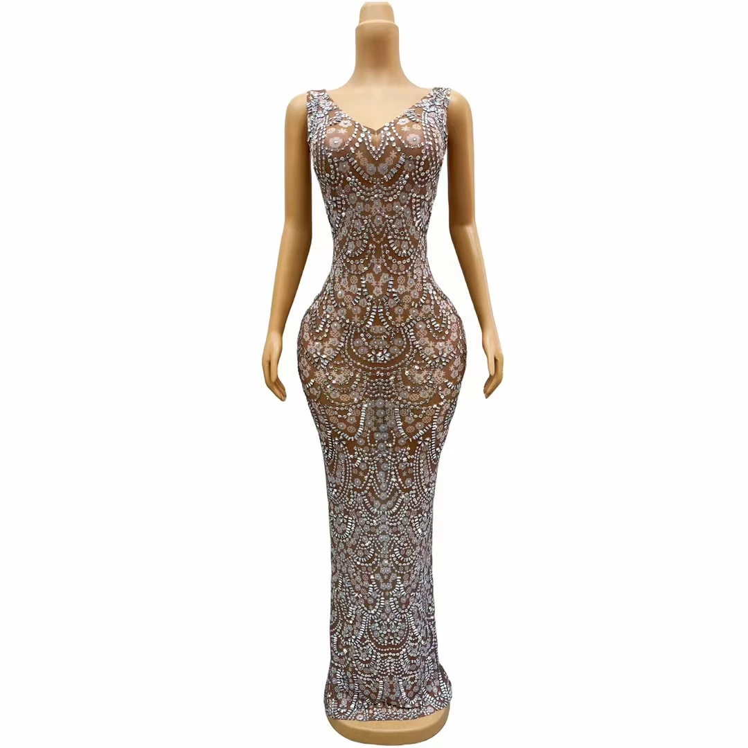 Vestido Elegant Sleeveless Embroidery Crystals Diamond Formal Evening Dress Sexy Bodycon Night Club Dress Women Party Prom Dress