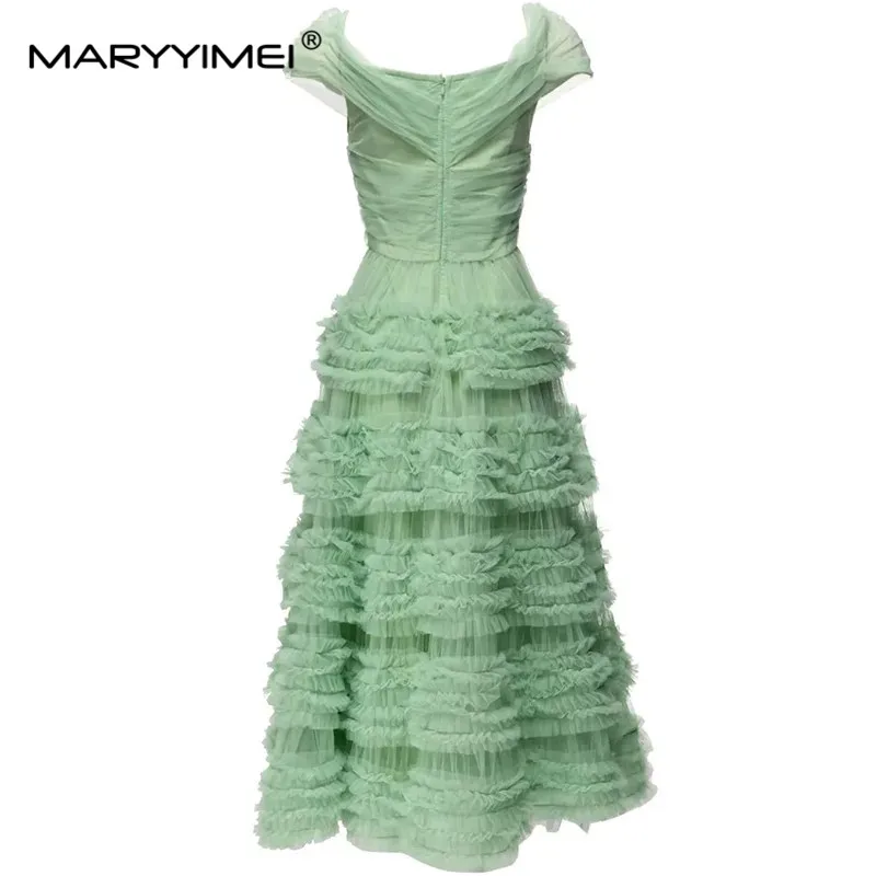 MARYYIMEI Fashion Designer dress Summer Women Dress Solid Color Square Collar Net Yarn Cascading Flounces Big Swing Long Dress