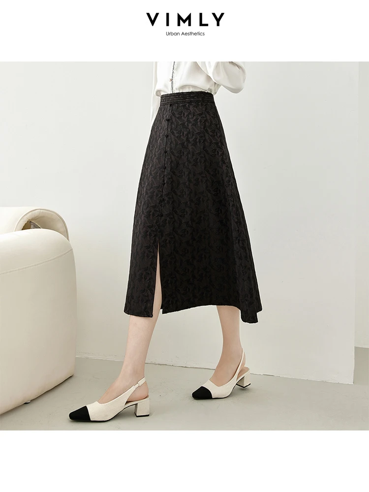 Vimly Vintage Split Fishtail Women's Skirt Autumn Black A-line Midi Skirt for Woman 2023 Fall Solid Elegant Female Clothes M2656