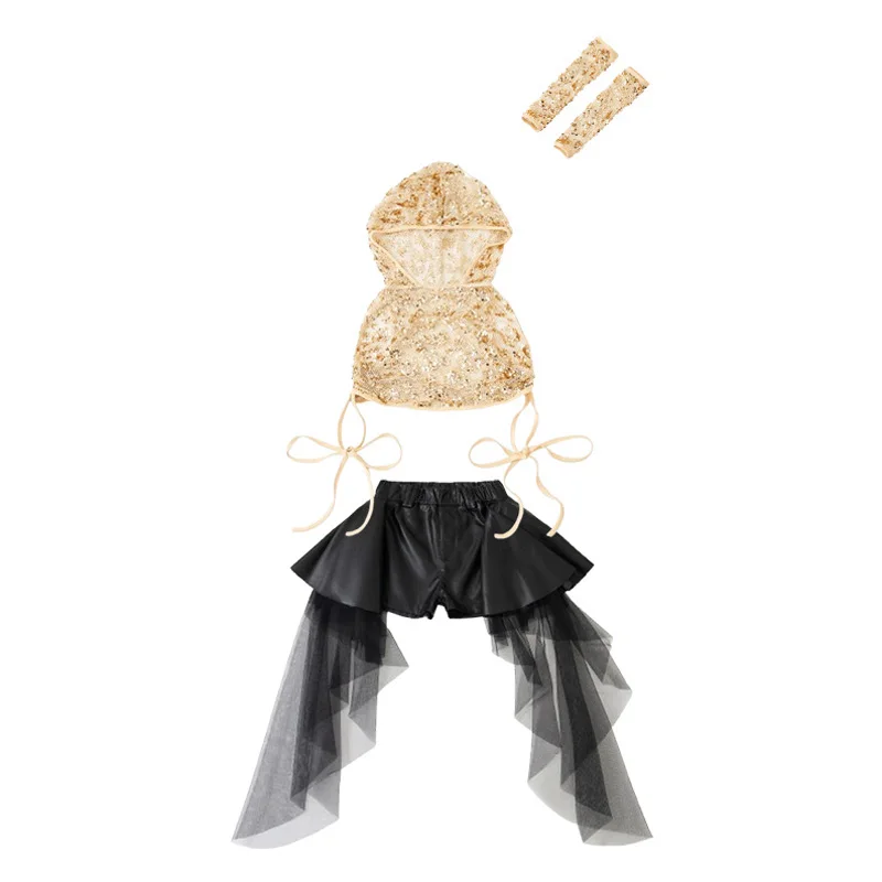 طفل Kpop الملابس الذهب الترتر صافي هوديي المحاصيل تانك الجلود السوداء مطوي تنورة صغيرة لفتاة الهيب هوب ملابس رقص الملابس #6