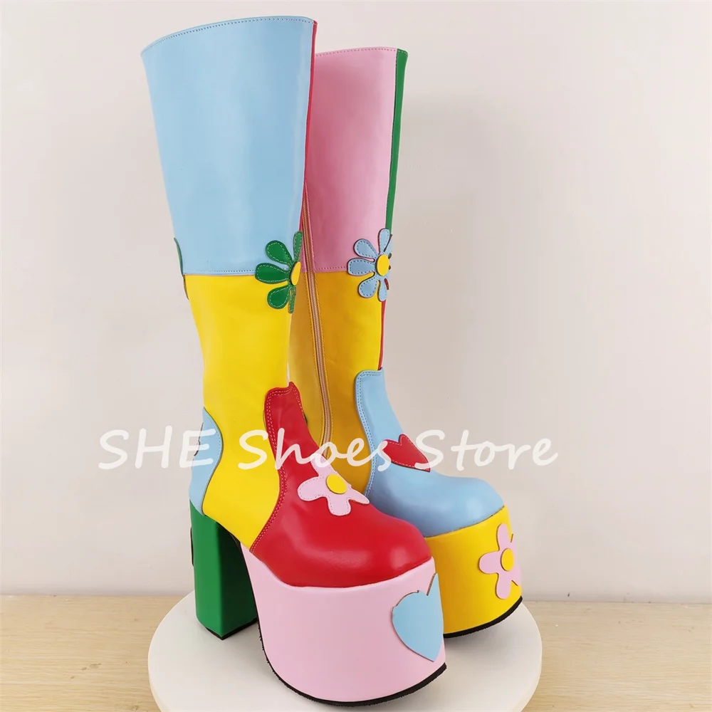 Lolita Girl Lovely Mixed Color Appliques Boots Y2K Design Flowers Decor Long Boots Chunky Platform Square Heel Knee Hight Boots
