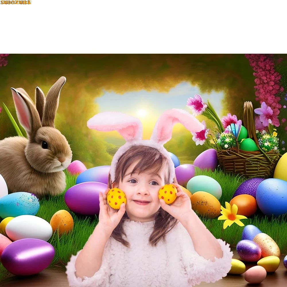 خلفية عيد الفصح السعيدة للتصوير الفوتوغرافي على شكل أرنب الربيع والبيض والزهور والحديقة وصورة الطفل وخلفية للتصوير الفوتوغرافي لاستوديو الصور